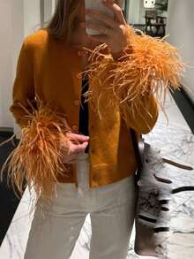 Women's Button Down Sweater Cardigan Feather Cuff Long Sleeve Crew Neck Knitted Cardigans Fall Winter Knitwear - 橘色 - 查看 1