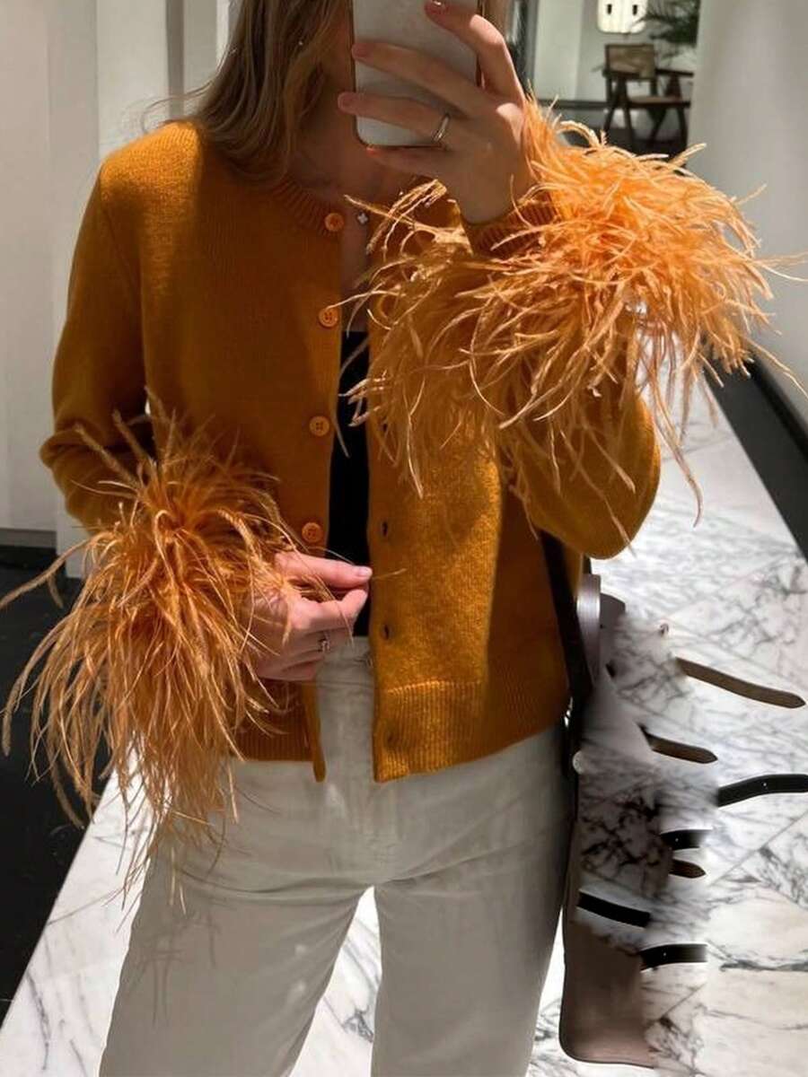 Women's Button Down Sweater Cardigan Feather Cuff Long Sleeve Crew Neck Knitted Cardigans Fall Winter Knitwear - 橘色 - 查看 1