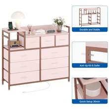 Cómoda para TV con estación de carga y estantes abiertos, cómoda de tela con 9 cajones y cubierta de madera, amplia cómoda de almacenamiento para sala, pasillo y entrada (39 x 11.8 x 33.9 pulgadas) - Rosa - Ver 3