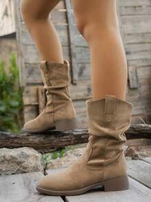 褶裥中筒靴，女士新款秋季麂皮复古休闲粗跟西部靴，卡其色百搭户外舒适平底时尚靴，派对靴