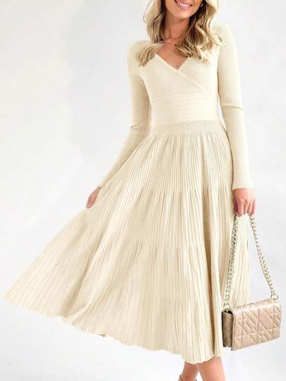 Womens Long Sleeve Midi Sweater Dress Wrap V Neck Pleated A Line Fit Flare Elegant Knit Maxi Dress