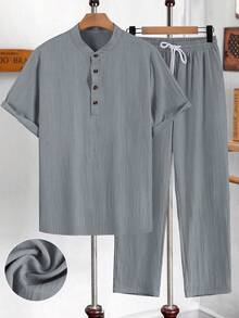 2 件套男士休闲褶皱面料领短袖衬衫，配有抽绳腰带裤，纯色适合餐饮、聚会、度假、居家、办公室，用途广泛，是送给男朋友或丈夫的绝佳礼物，春夏季 - 淺灰色 - 查看 3