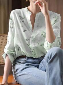 女士休闲通勤花卉印花衬衫 - 淡綠色 - 查看 2
