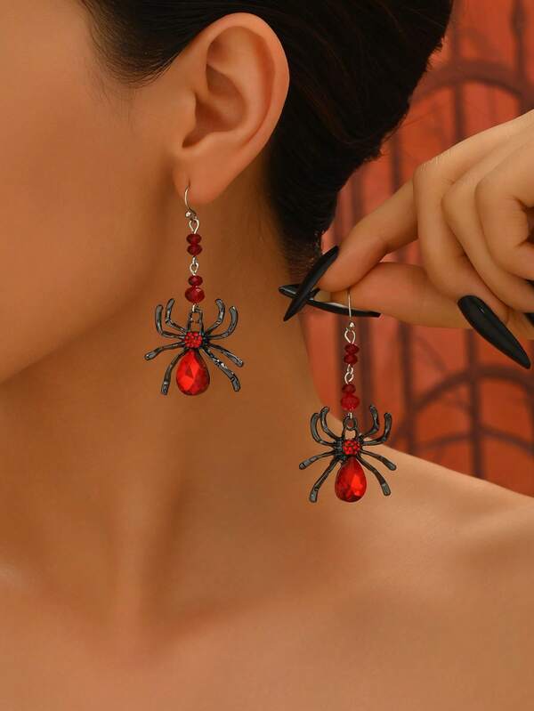 1 Paar gotische Ohrringe im dunklen Rot mit Edelsteinen in Spinnenform aus Zinklegierung, geeignet für Frauen zum Tragen an Halloween