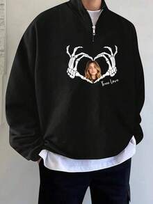 Sweat-shirt-shirt personnalisé pour hommes grande taille avec photo et texte, imprimé crâne et paume, pull personnalisé, cadeau de couple pour l'automne/l'hiver ou anniversaire, Top à manches longues - Noir - Voir 2