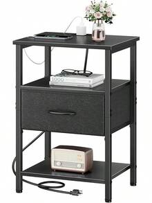 Mesita de Noche, Buró para Recamara, Vintage con Estación de Carga, 3 Niveles de Almacenamiento, 1 Cajones, Puertos USB y Tomas de Corriente - Buró Multifuncional para Dormitorio y Sala de Estar - Negro - Ver 10