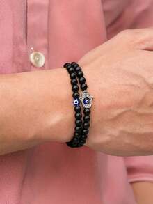 YAUKIA 邪恶之眼天然黑玛瑙珠弹力男女通用手链力量保护勇气 - 6 毫米简约精致堆叠手链珠宝 - 黑色 - 查看 3