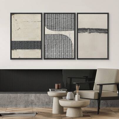 Framed Canvas Print Wall Art Set Black Tan Grunge Grid Polygon Pattern Abstract Shapes Cozy Neutral Decorative Contemporary Minimal For Living Room, Bedroom, Office