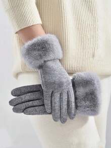 1 par de guantes de dedo completo de unicolor, elegantes y casuales, de poliéster con pantalla táctil, con forro cálido, de moda para mujer, para otoño/invierno