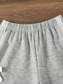 2pcs Back To School Girls' Spring/Autumn Lace Bow Collar Color Block Long Sleeve Top + Lace Bow Decor Pants Set, Fashionable Sporty Collegiate Style Outfit For Girls