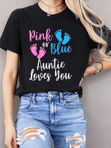 100% Cotton Black Gender Reveal Aunt-TEE  Pink Or Blue Auntie Loves You T-Shirt Women Summer Fashion Short Sleeved Tshirt Tee Tops Printed O-Neck Casual T Shirt Women's Clothing - màu đen - Xem 1