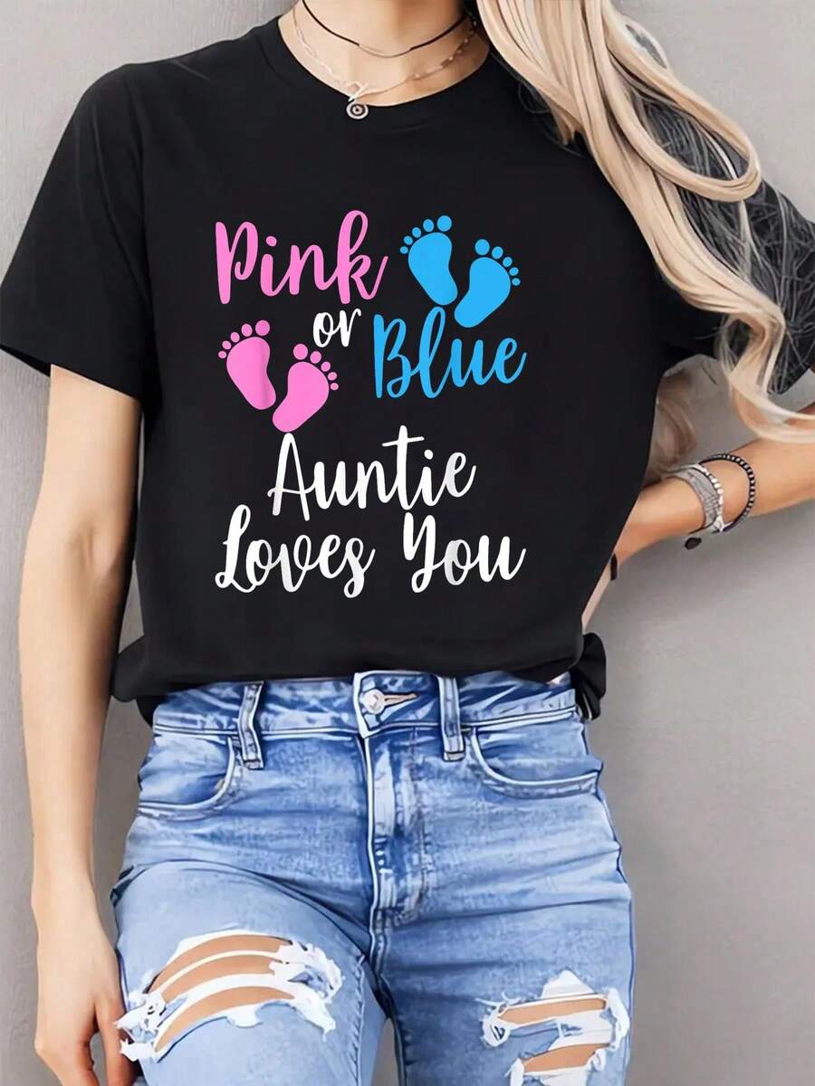 100% Cotton Black Gender Reveal Aunt-TEE  Pink Or Blue Auntie Loves You T-Shirt Women Summer Fashion Short Sleeved Tshirt Tee Tops Printed O-Neck Casual T Shirt Women's Clothing - màu đen - Xem 1