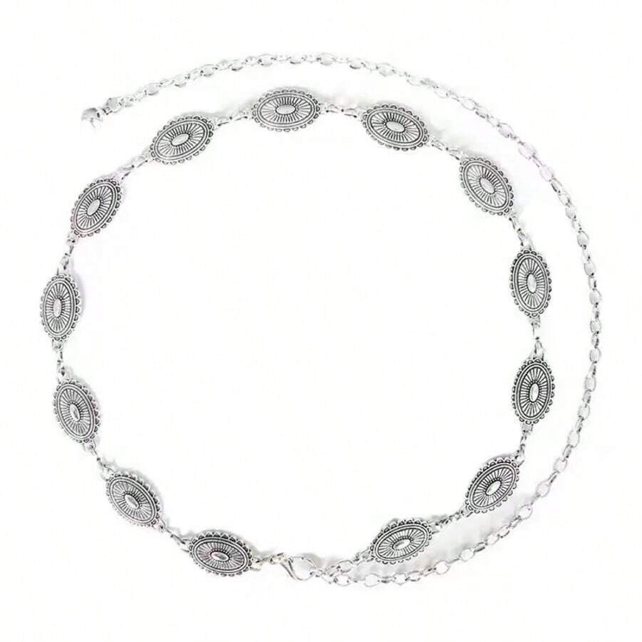 1pc Vintage Women Engraved Buckle Distressed Texture Metal Waist Chain, Suitable For Western Style Plus Size