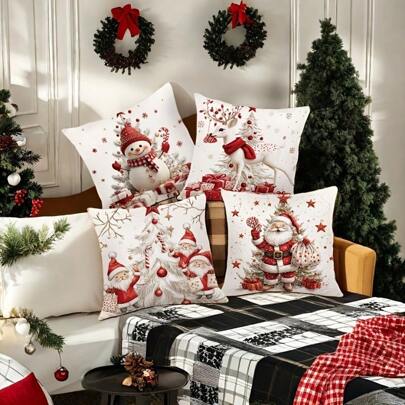 4pcs-Christmas Holiday Snowman, Reindeer, Santa Claus And Gnome Throw Pillow Covers, 17.7*17.7inch, Single-Sided Printing, Zipper Closure, Machine Washable - Suitable For Farmhouse, Living Room, Bedroom, Sofa, Porch, Patio, Outdoor Decor