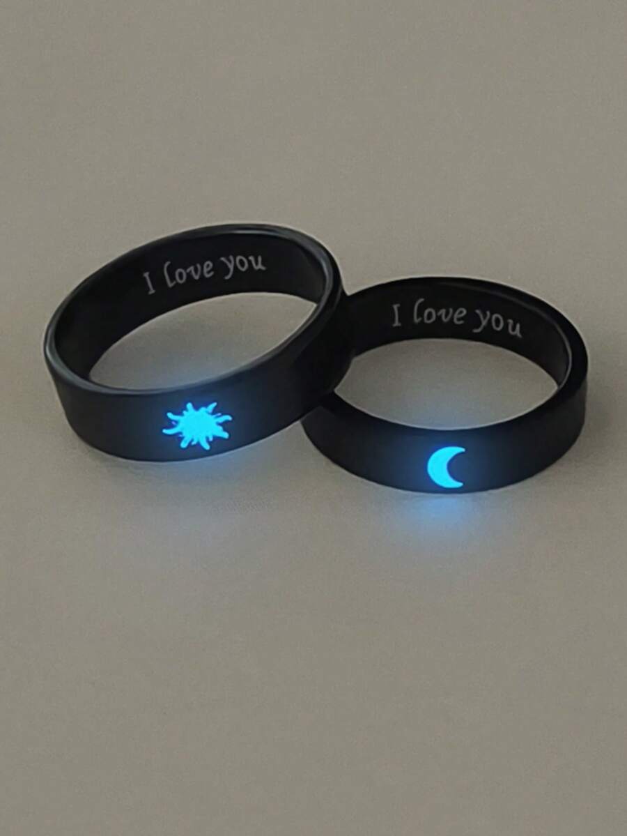 ATLVXJL 2 件套夜光情侣戒指，不锈钢字母“I LOVE YOU”月亮和太阳设计，休闲情侣首饰适合日常佩戴和情人节礼物 - 彩色 - 查看 1