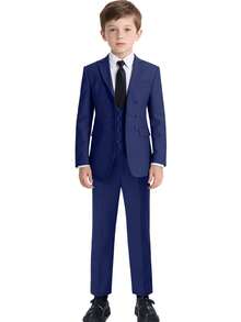 3pcs Navy Blue Boys Formal Suit Set, Toddler Tuxedo Outfit, Wedding Pageboy Suit, Jacket, Vest, Pants, Size 6-16 Years - Navy Blue - View 4