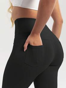 1 PACK Fashionable Casual Wide-Leg Yoga Pants,With Pocket, Butt-Lifting Peach Butt Fashion Leggings, Elegant Streetwear Retro Slimming, Classic Simple High-End Slimming High-Waist Versatile Flared Pants - 黑色 - 查看 5