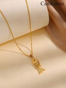 Camhanno 1 Piece Elegant Stainless Steel Bead Small Fish Pendant Necklace For Daily Wear And Parties, Ideal Holiday And Birthday Gift - Gold - View 3