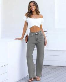Jeans High Waisted Straight Leg Loose Jeanshalloween - Abu-abu - View 3