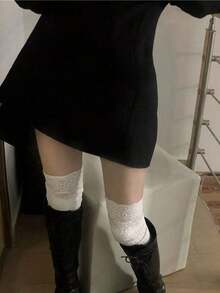1 Pair Women White Contrast Lace Over-The-Knee Socks, Comfortable & Versatile For Daily Wear - 白色 - 查看 2