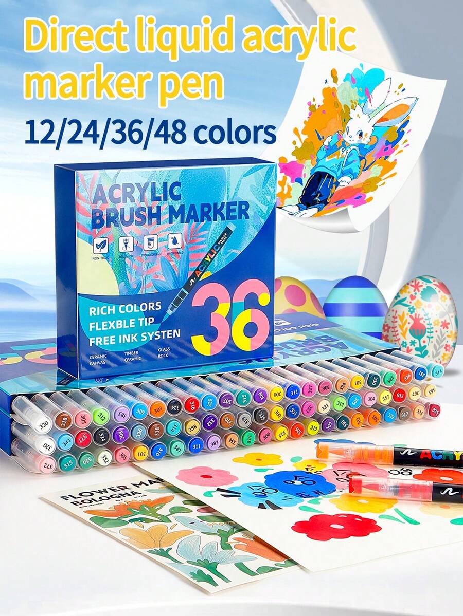 1 Set Of 72/60/48/36/24/12 Colors Acrylic Marker Pens, Liquid Ink Art Markers For Artists, Soft Tip Painting Brush, Waterproof & Fade Resistant, Graffiti Pens, High-Quality Pigment, Blendable