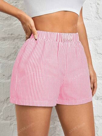 Pantalones cortos casuales con estampado de rayas y cintura elástica para mujer