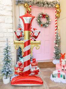 1/2pcs Large Standing Christmas Street Lamp Balloons With Base, Christmas Decoration Foil Balloons, Street Lamp Bulb Shaped Christmas Party Balloons, With Santa Claus And Gift Designs, Suitable For Christmas Themed Events And Scene Decoration, Yard Decoration, Merry Christmas, Theme Party Decoration, New Year Party Home Decoration, Holiday Party Supplies, Christening Balloons, Holiday Atmosphere Creation, New Year, New Year's Eve Events