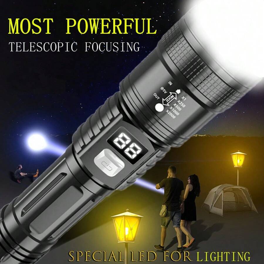 大功率远射程 LED 手电筒战术灯 LCD 电量显示 USB 可充电灯伸缩变焦手电筒露营灯 - 如圖所示 - 查看 1