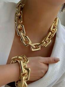 2pcs Vintage Fashionable Exaggerated Hip-Hop Style Metal Hollow Geometric Chain Necklace & Bracelet 2-In-1 Gold Jewelry Set, Minimalist Punk Street Style Layered Choker Necklace, Suitable For Parties, Dates, Holidays, Gifts