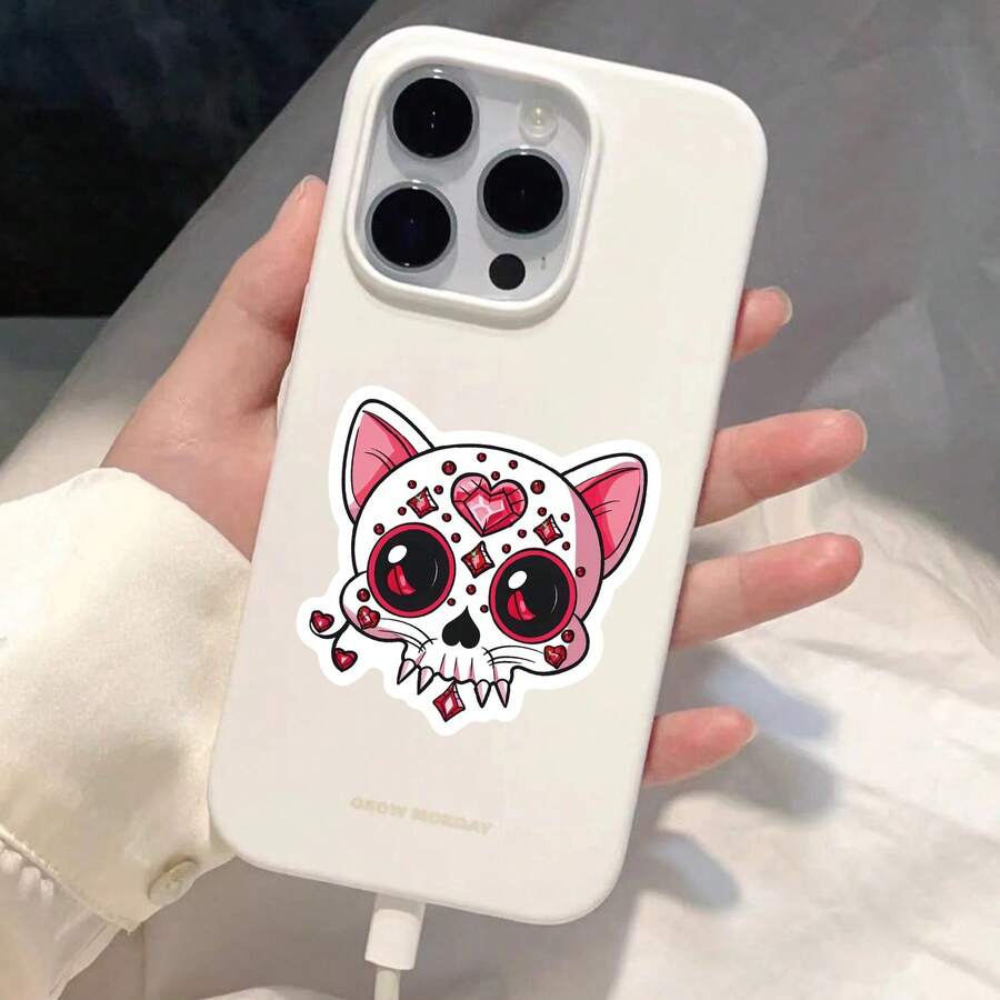 50pcs Matte Halloween Pink Skull Stickers, Suitable For Asymmetrical Shaped Phone Cases, Laptops, Water Bottles, Scrapbooks, Diaries - Multicolor - View 1