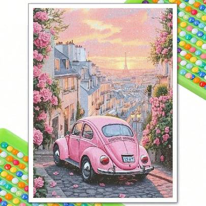 5d Diy French City Scenery Pink Car Full Round Diamond Painting Kit Mosaic Portrait Art Full Drill Diamonds Embroidery Craft,Living-Room Decor,Frameless