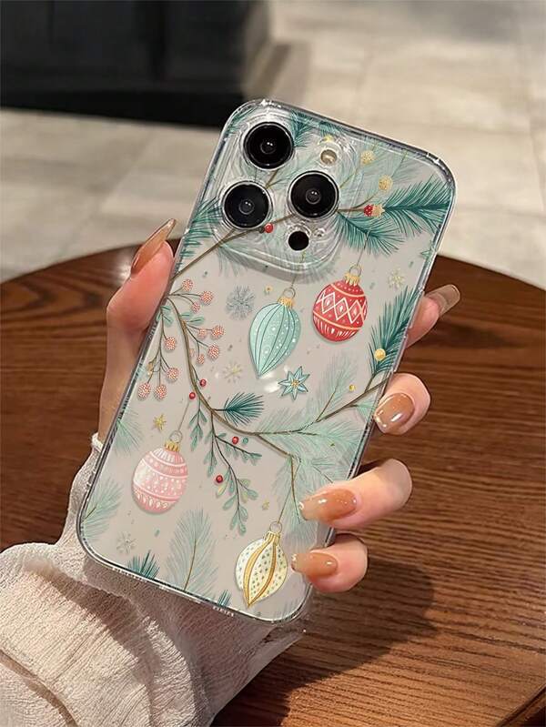 1pc Artistic Creative Christmas Ornament Leaf Flower Pattern Transparent Soft TPU Phone Case, Anti-Scratch Anti-Fingerprint Protective Cover Compatible With Apple, Nothing, Pixel, INFINIX, Redmi