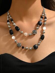 1件波西米亚复古优雅黑色、棕色、卡其色树脂圆珠，CCB珠，釉面点状珠，DIY项链，仿玉树脂圆珠配金属链，适合搭配毛衣、日常、派对、节日，也适合作为情人节、感恩节、朋友礼物或季节性饰品。每颗树脂珠均有轻微的模具痕迹。 - 彩色 - 查看 2