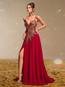 Red Gold Sequin Spaghetti Strap Evening Gown With High Slit, Sexy Prom Dress For Women, Elegant Formal Maxi Dress, Glamorous Gala Gown, Beaded Sleeveless Party Dress, Luxury Slim Fit Red Carpet Dress