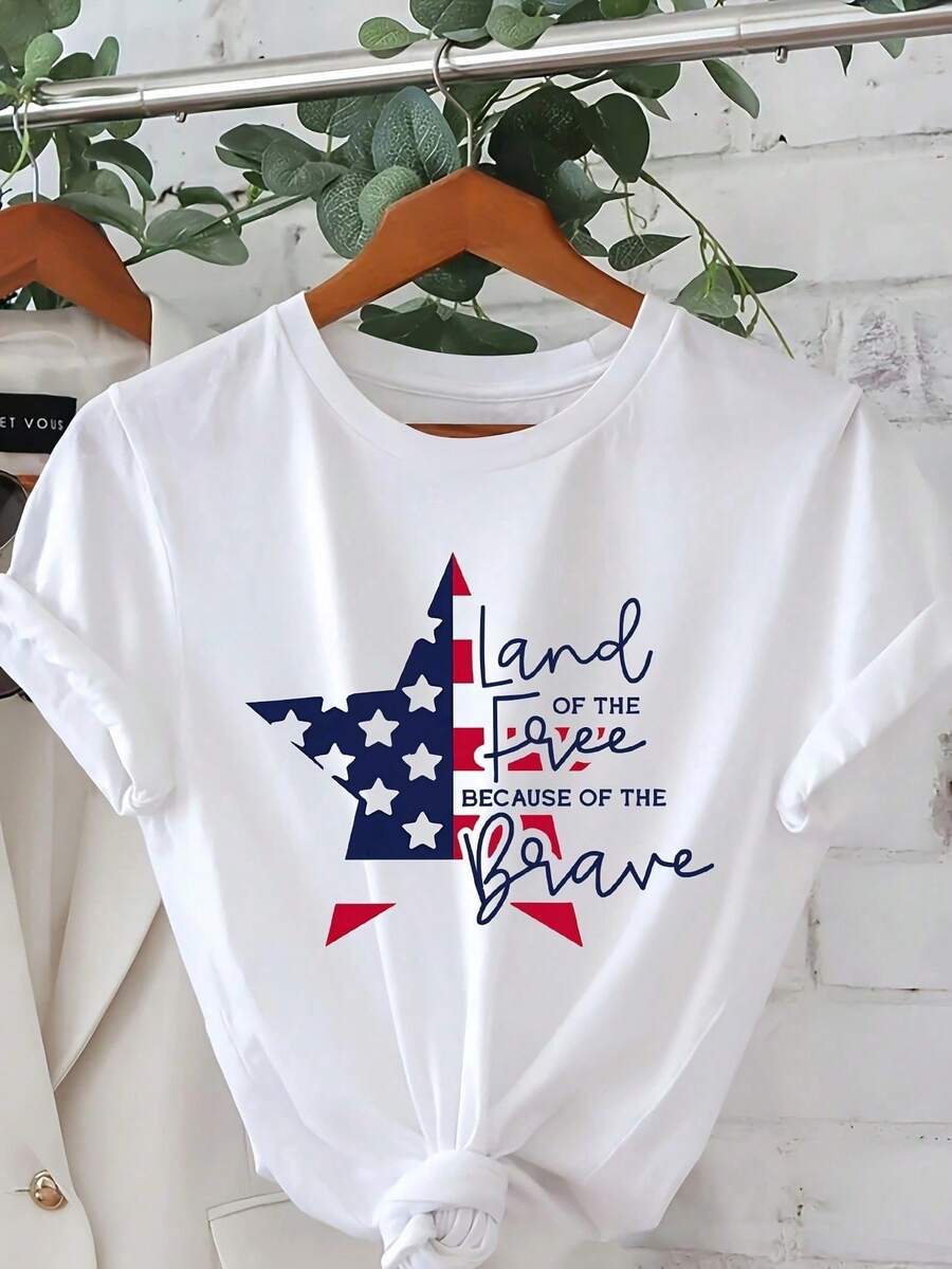 Women's Patriotic,Land Of The Free; Graphic T-Shirt - American Flag Star Print Casual Short Sleeve Round Neck Top, Business Casual Woman Summer Spring Tee, American Flag Shirts, Breathable Material - White - View 1