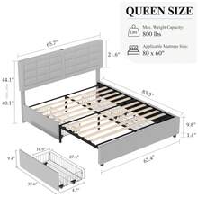 VECELO Queen Size Upholstered Bed With 4 Storage Drawers,  Bed Frame With Adjustable Tufted Button Headboard , Bed Frame With USB Charge Station