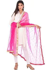 Woman's Embellished Net Dupatta Scarf Shawl Wrap Soft Bridal Wedding - Deep Pink - 查看 2