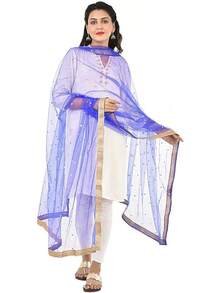 Woman's Embellished Net Dupatta Scarf Shawl Wrap Soft Bridal Wedding - 寶藍色 - 查看 1