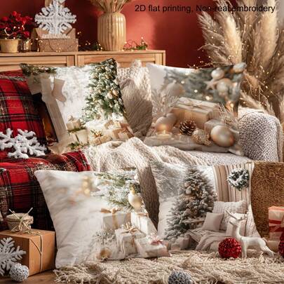 4 buc. Fețe de pernă din poliester, imprimate cu model de Crăciun verde și auriu, cu șemineu, brad de Crăciun, cutie cadou [fără inserție de pernă], 17,7 * 17,7 in (45 * 45 cm), [imprimare pe o singură față] Fețe de pernă de Crăciun fericit pentru canapea, pat, sufragerie, dormitor, mașină, birou, decorațiuni hotel, cadouri grozave de Crăciun pentru familie și prieteni