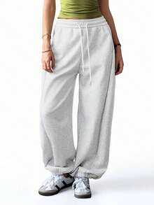 TCVC Women'S Casual High Waist Drawstring Loose Jogger Pants, High Elastic Waistband, Relaxed & Comfortable For Workout, Casual Wear, Back To School, Autumn/Winter Tights Spring Sports - Light Grey - View 3