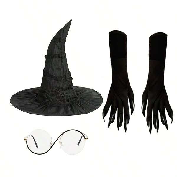 Chapéu de bruxa enrugado para cosplay de Halloween, óculos de bruxa, luvas pretas com garras de bruxa, chapéu de bruxa para festa de fim de ano, baile de máscaras