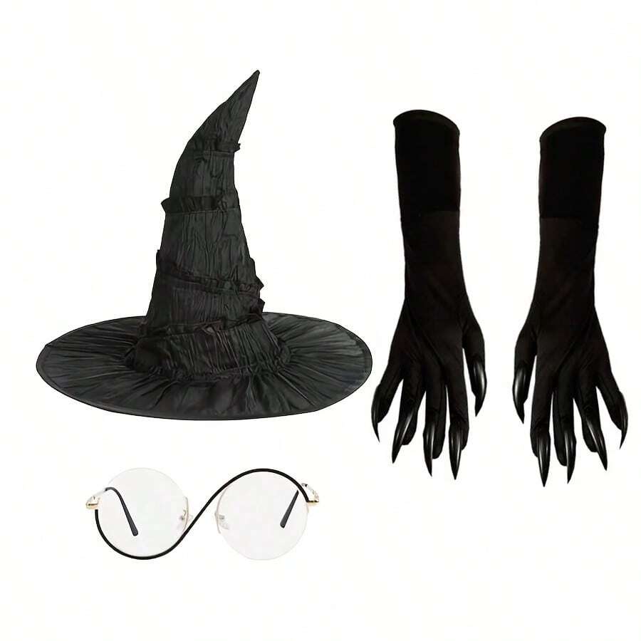 Phụ kiện hóa trang Halloween: Mũ phù thủy nhăn nheo, kính phù thủy, găng tay móng vuốt đen, mũ phù thủy cho tiệc tùng, dạ hội hóa trang, bãi biển, du lịch. - màu đen - Xem 1