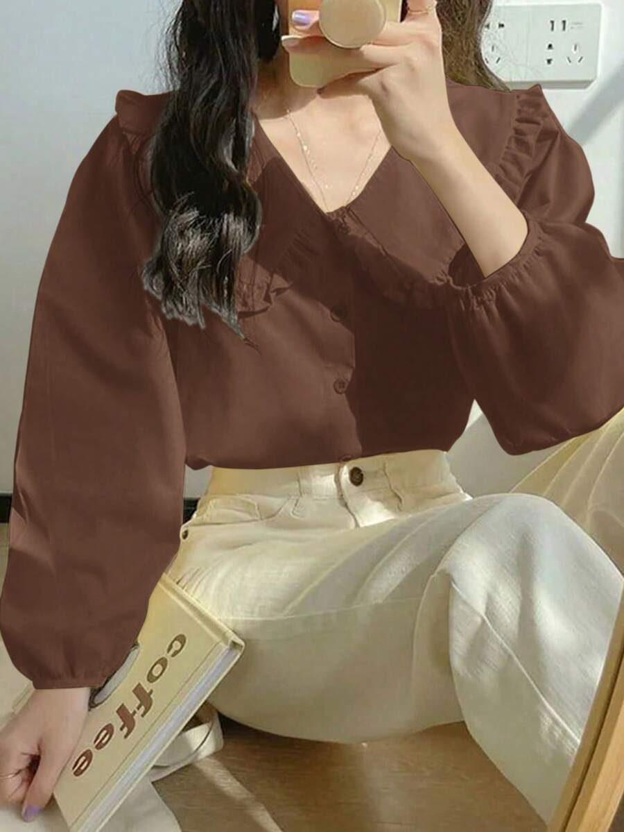 女士休闲优雅翻领衬衫，春夏款 - 棕色 - 查看 1