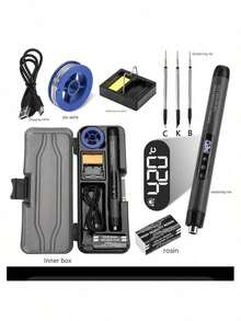 مُلحم رقمي USB مع شاشة LCD، زر ضبط درجة الحرارة، سلك ملحم، حامل ملحم، ماصّ قصدير، روزين، صندوق تخزين