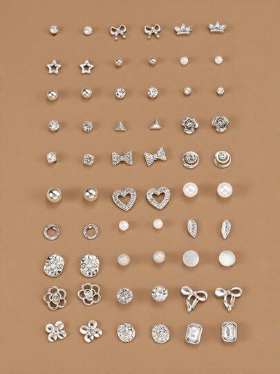 30pcs/Set Minimalist Bow, Flower, Pearl & Metal Cute Sweet Style Earrings Set For Girls