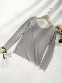 CELILIN Camiseta Térmica de Manga Longa, Gola Redonda, Ajustada, em Malha de Cor Sólida, Casual, para Outono/Inverno - Cinza - Visão 1