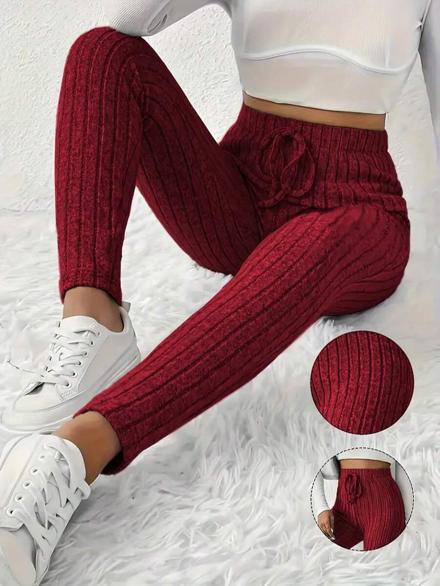 Women's High-Rise Slim Fit Ribbed Knit Pants - Elastic Elastic Band Faux Cord Detail, Solid Color, All-Season Machine Washable, Casual Home & Dressy, High-Rise Pants, Versatile & Elegant Fabric - Đỏ - Xem 1