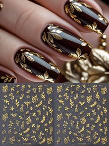 Pegatinas de uñas con estampado de hojas y flores de otoño, con impresión de lámina dorada metálica, pétalos florales, decoraciones de uñas de Acción de Gracias, suministros de manualidades para uñas autoadhesivas