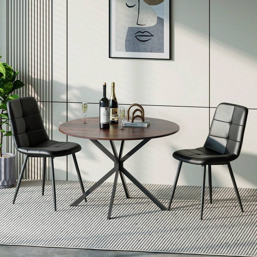 Dining Table And Chairs Set Of 2, Brown Folding Round Dining Table With 2 Black PU Leather Chairs For Dining Room, Kitchen, Living Room