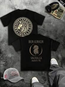 T-shirt oversize Berserker Valhalla Viking, imprimé recto verso, , décontracté, col rond, 220 g/m², pur coton (1 pièce) - Noir - Voir 1